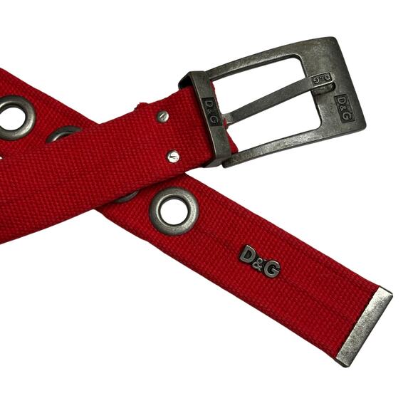 Y2K VTG Dolce & Gabbana Red Canvas Grommet Belt D&G Logo 27-34” Waist Grunge - Picture 4 of 8